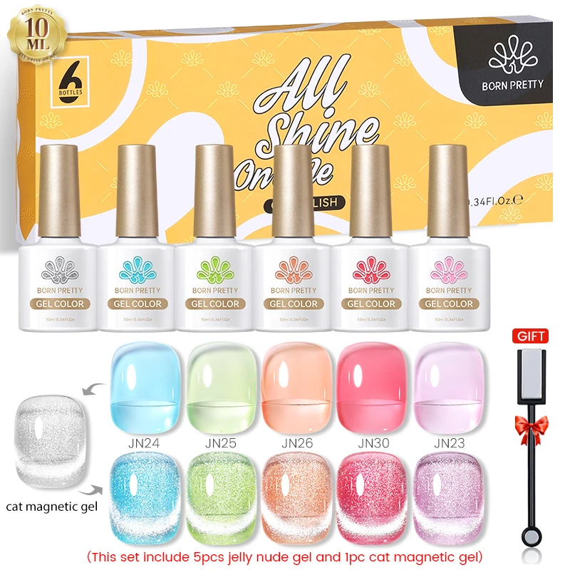 BORN PRETTY 6Pcs Jelly Nude Gel Nail Polish Set for Nails Popular Colors In Summer Semi Permanent Hybrid Gel Varnish Base Top