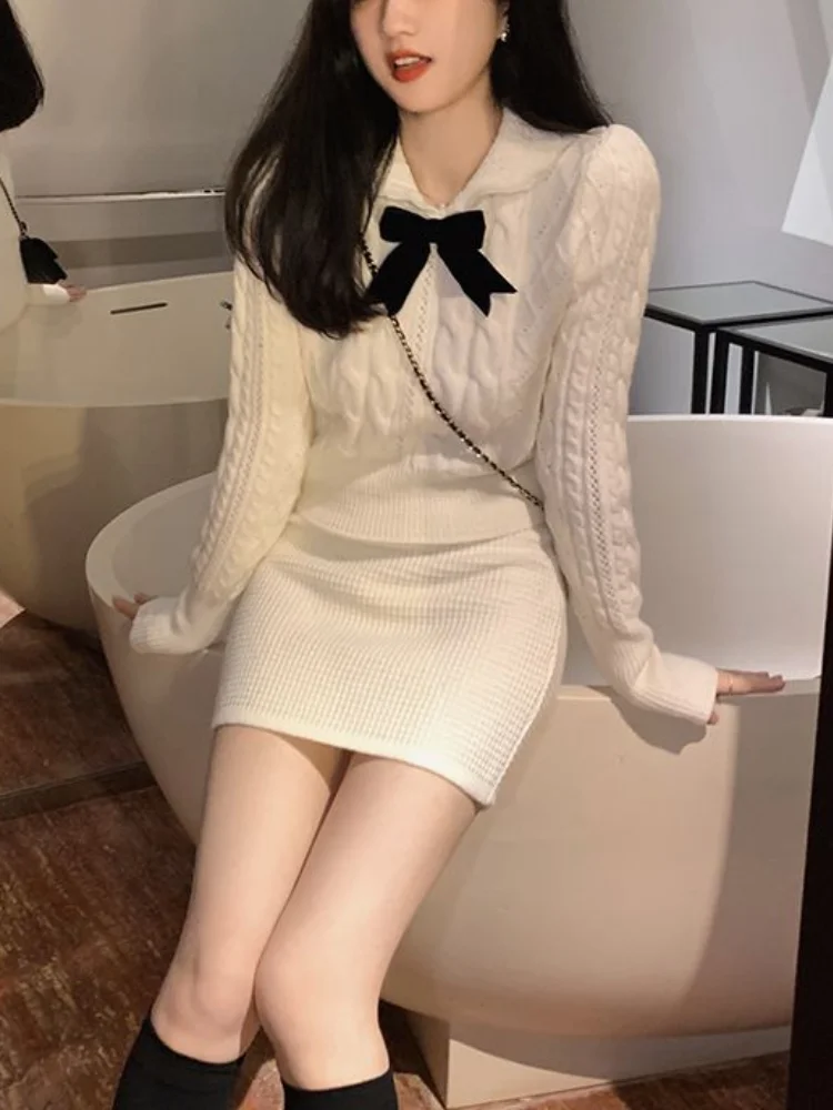 

Spring Kawaii Knitted Two Piece Set Women Casual Bow Elegant Mini Skirt Suit Female Korean Fashion Warm Elegant Sweater Set 2024