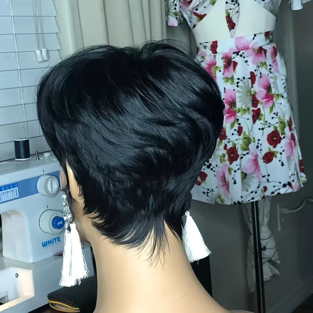 شعر مستعار قصير بقص عابث مع غرة، شعر بشري برازيلي بطبقات، مظهر طبيعي للحفلات الاحترافية اليومية #3