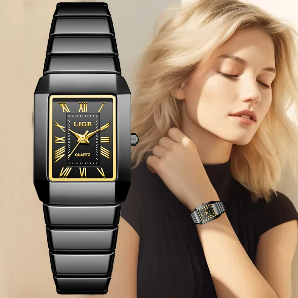 

LIGE Women's Bracelet Watch Creative Square Stainless Steel Waterproof Watches For Women Elegant Quartz Ladies Wristwatch Gift