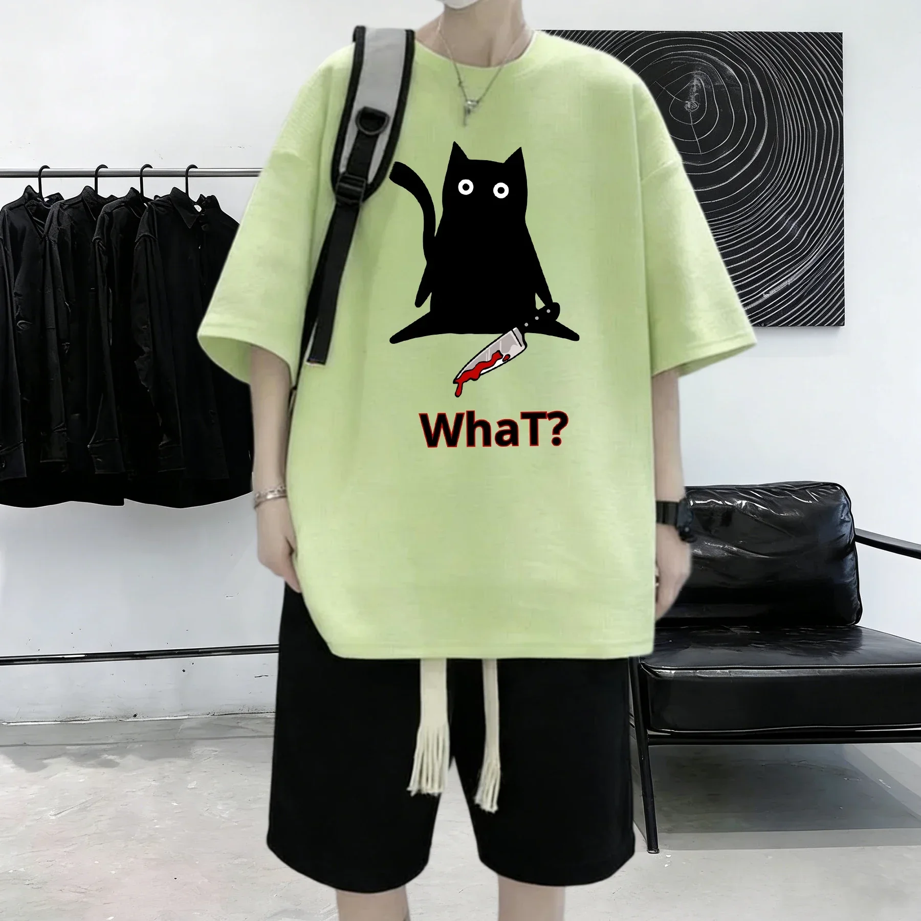 What The Cat With A Knife Printed Men Street T-Shirt Trendy O-Neck T Shirts Hip Hop Oversized Clothes Cotton Male Streetwear
