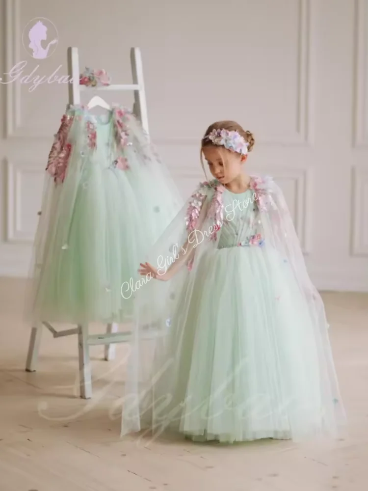 Light Blue Appliqué Flower Girl Dress with Puffy Tulle Skirt Luxurious Princess Style Children's Party and First Communion Ball