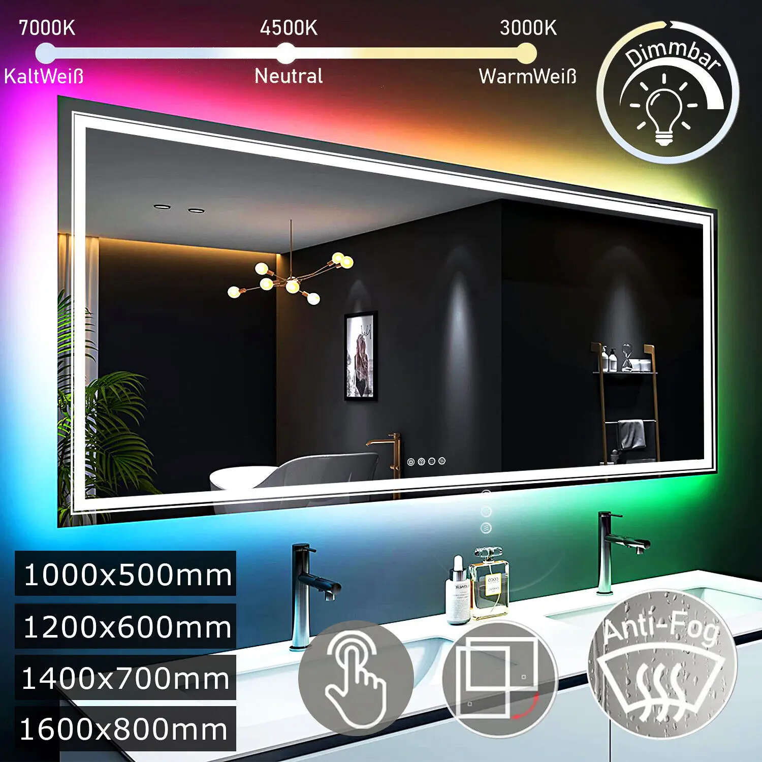 

LUVODI Oversize RGB Wall Decorative Full-body Mirror Dimmable Defogging Bathroom Mirror with Touch Switch