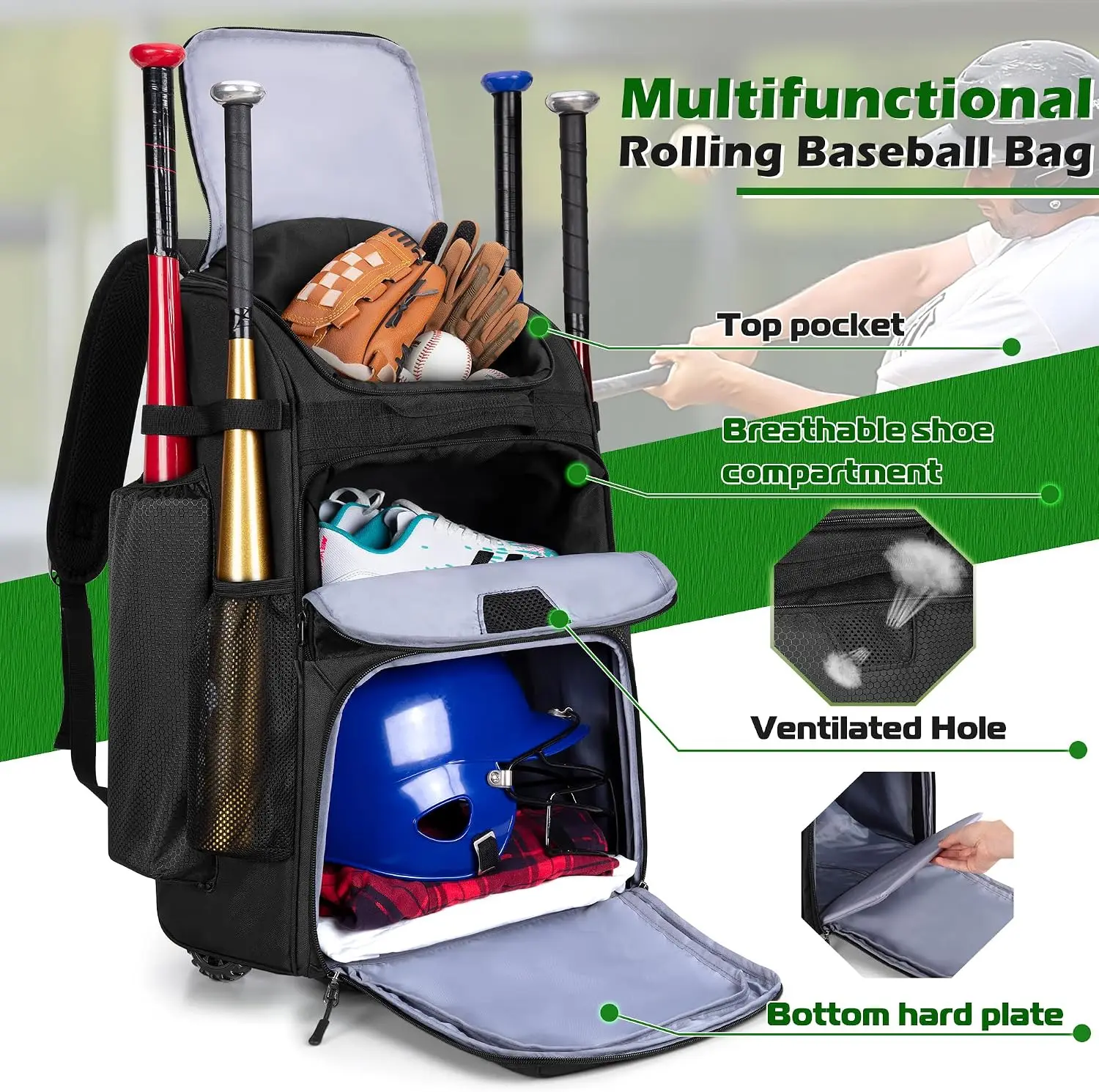 Rolling Baseball Backpack With Wheels Heavy Duty Softball Gear Equipment Bag Holds Four Bats With Shoe Compartment Fence Hook And Detachable Straps Portable Sports Backpack Black view 2