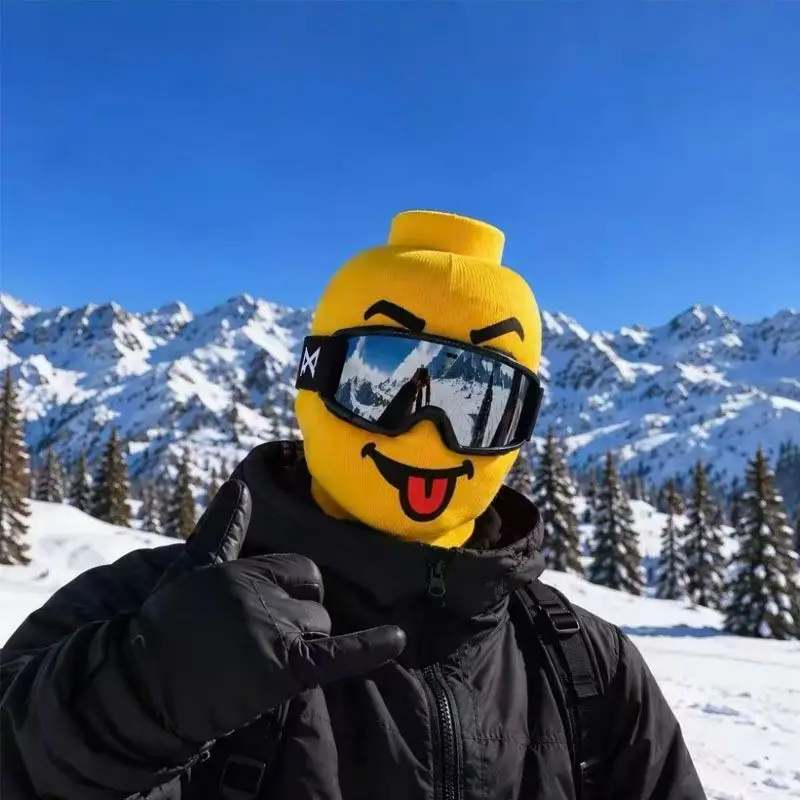 Ski Face Protection Funny Print Mask Fully Surrounded Tricky Props Yellow Building Block Human Mask Outdoor Cycling Windproof