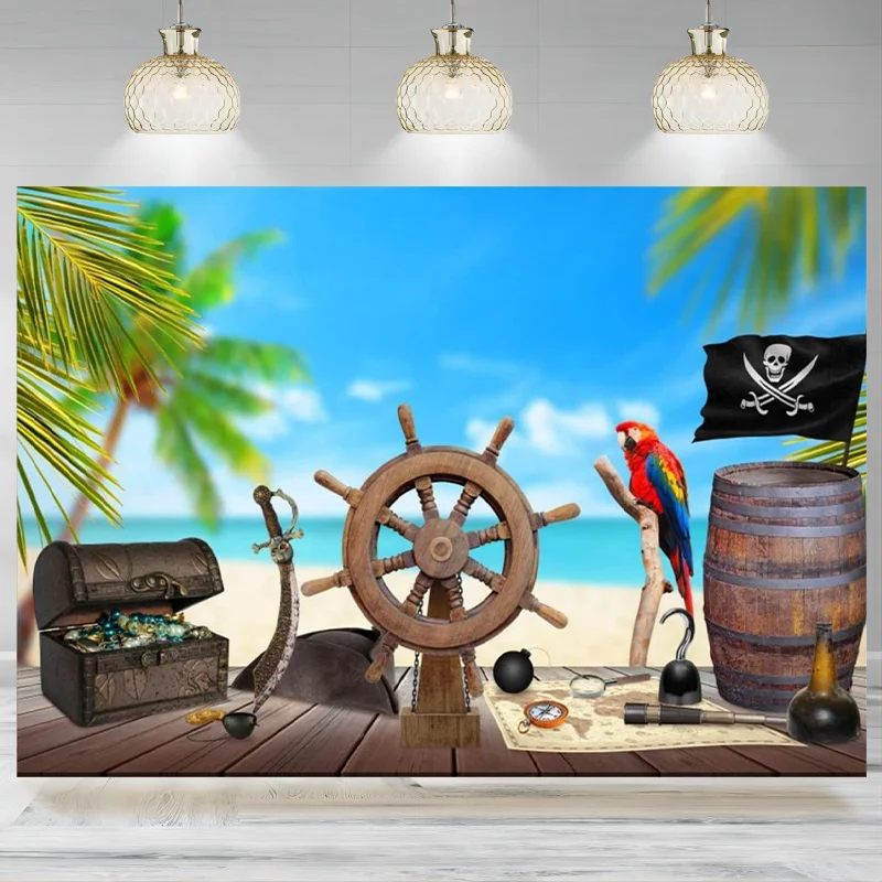 Pirate Ship Themed Backdrop Old Wooden Rudder Wood Floor Jewelry Box Photography Background Halloween Boy  Baby Shower Banner