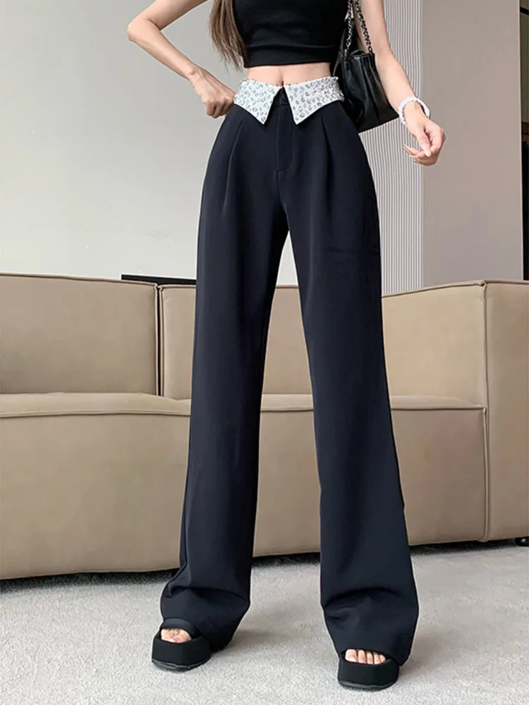 

Women Pants Sexy Rhinestone High Waist Loose Wide Leg Spring Summer Suit Trouser Fashion Streetwear Female Casual