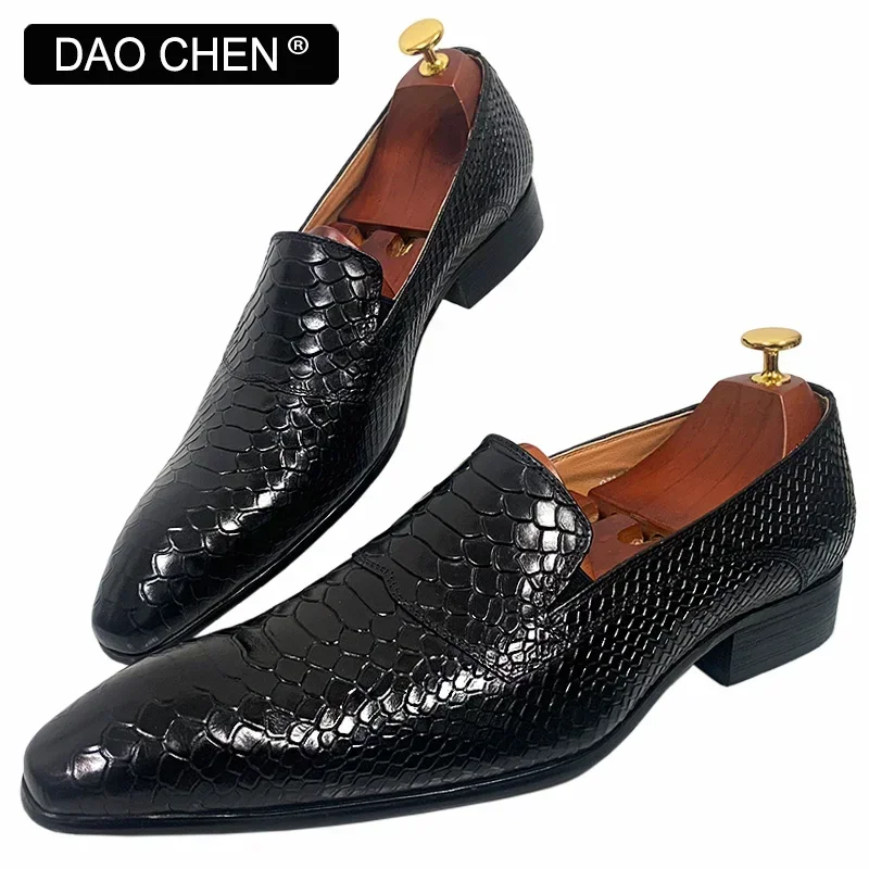 LUXURY MEN\'S LOAFERS SHOES SNAKE PRINTS CASUAL MEN DRESS SHOES BLACK SLIP ON LOAFERS OFFICE WEDDING LEATHER SHOES MEN