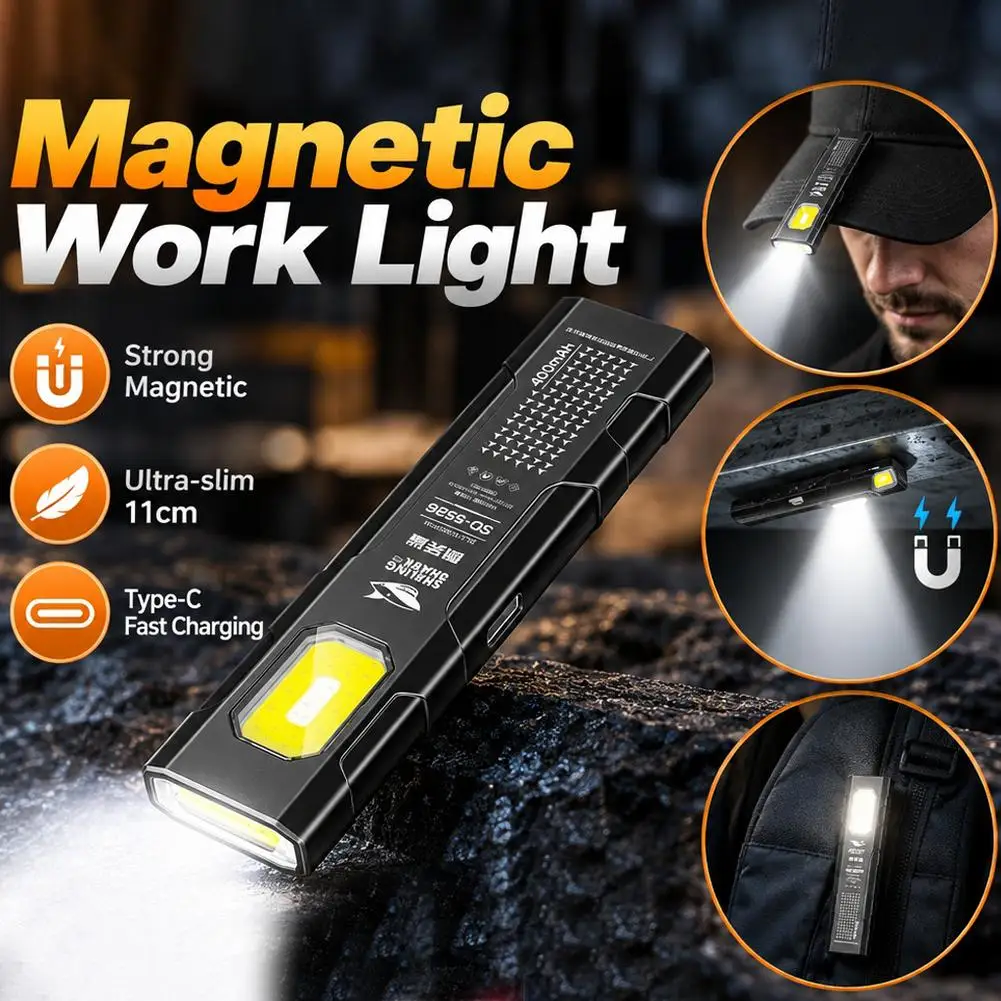 Magnetic COB Work Light Rechargeable Type-C 5 Modes Red Blue Warning Flash Pocket Clip Flashlight Waterproof Portable Lamp