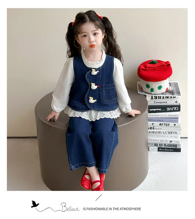 

Vest Shirt Cowboy Suit Grils Children Spring Autumn Fashionable New Casual Sweet Long Sleeves Comfortable Cute