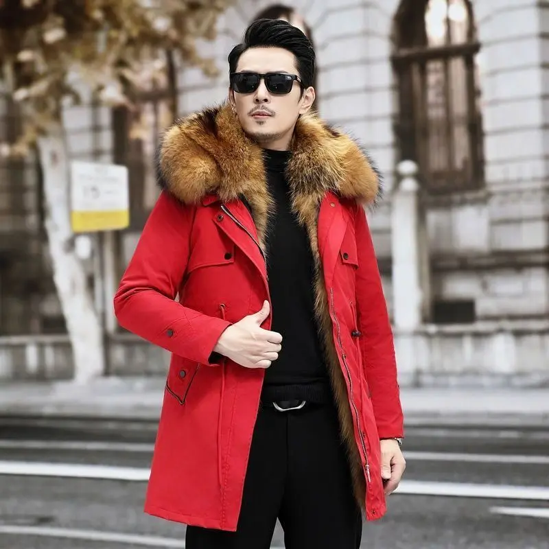 red Parker Men\'s Imitation Fur Liner Winter Warm New Fur One-piece Coat Imitation Mink Fleece Mid-length Fur Coat