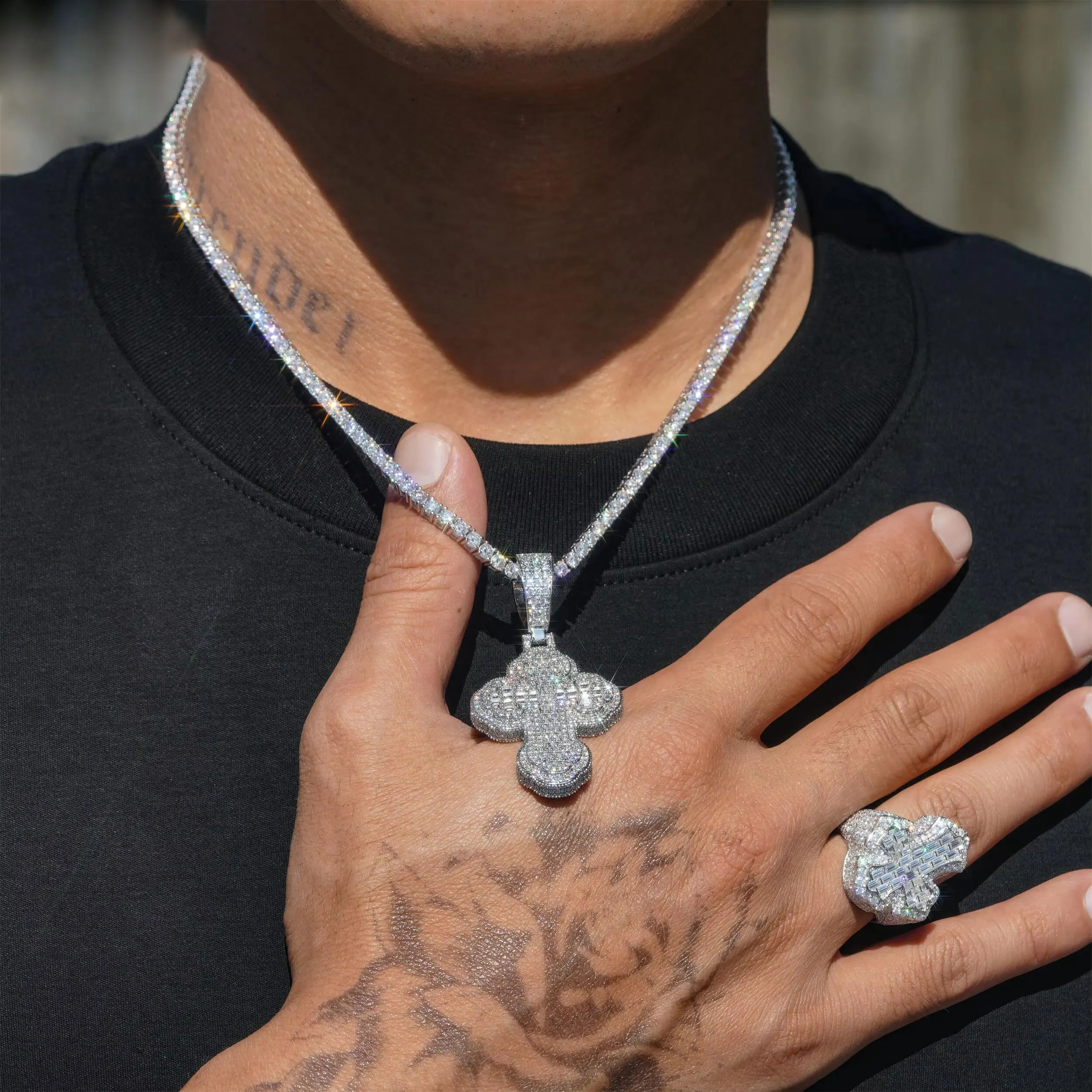 TOPGRILLZ Iced Out Full Square Cubic Zircon Cross Pendant Trend Designer Cloud Cross Pendant Hiphop Necklace For Rapper Jewelry