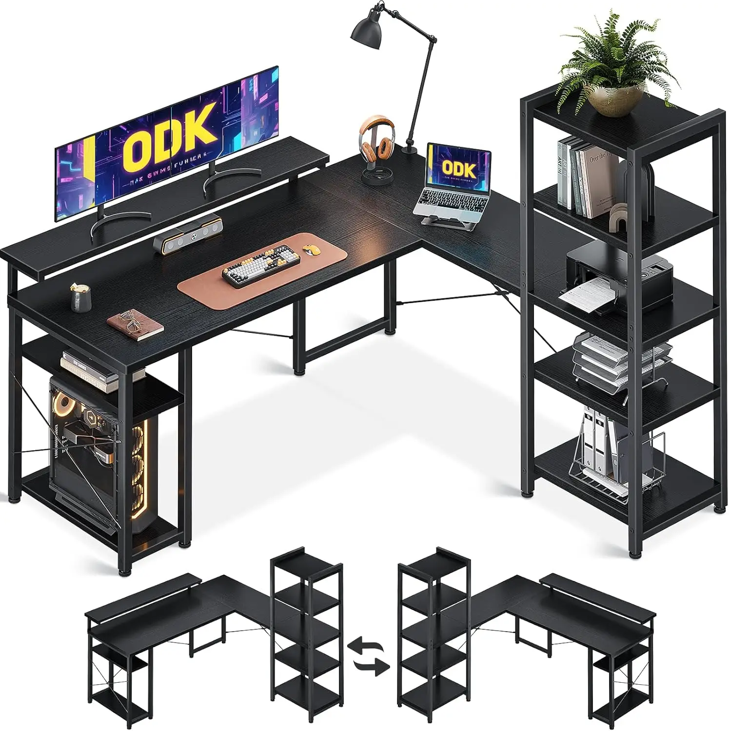 Descuento por tiempo limitado--ODK Escritorio con Estanteria, Escritorio en L con Soporte de Monitor Largo, Escritorio Negro 155×140cm