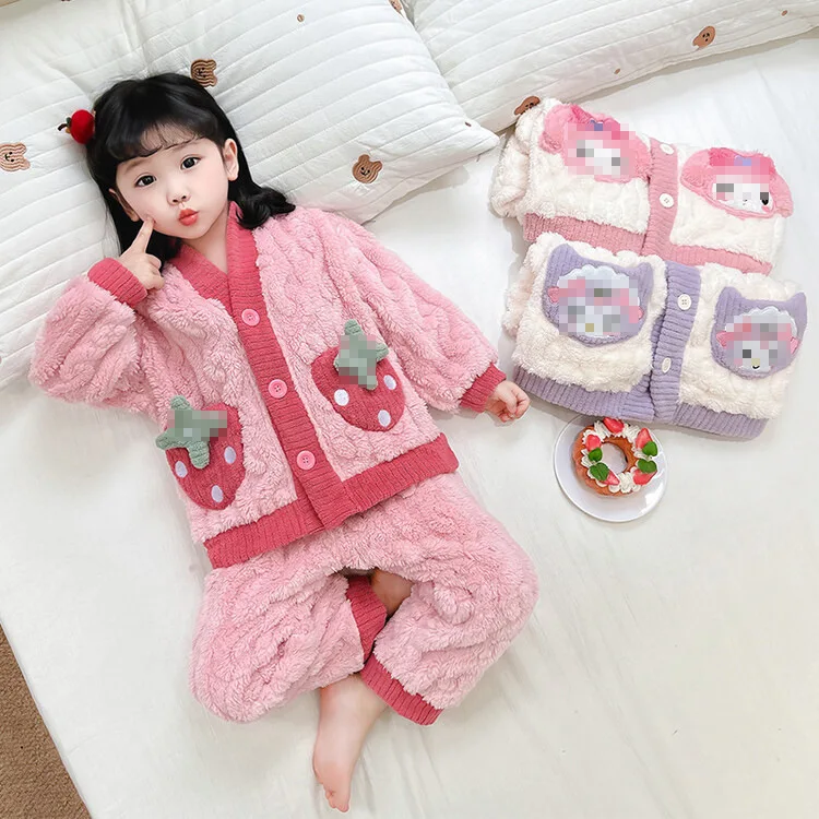 Children Girl Autumn Winter Pajamas Clothes Set Cartoon Strawberry Color Contrast Kid Girl Top Soft Thicken 1-8Y Girl Pants Suit