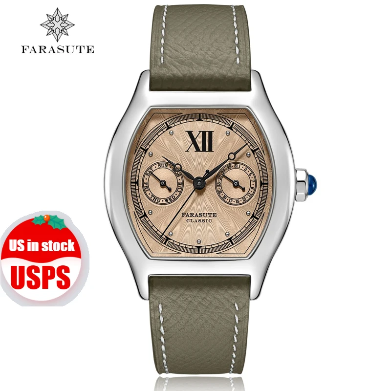 FARASUTE Watch Men 36mm Guilloche Dial VH64 Dual Calendar Week Date Luxury Tonneau Quartz Wristwatch Sapphire Sapphire Glass