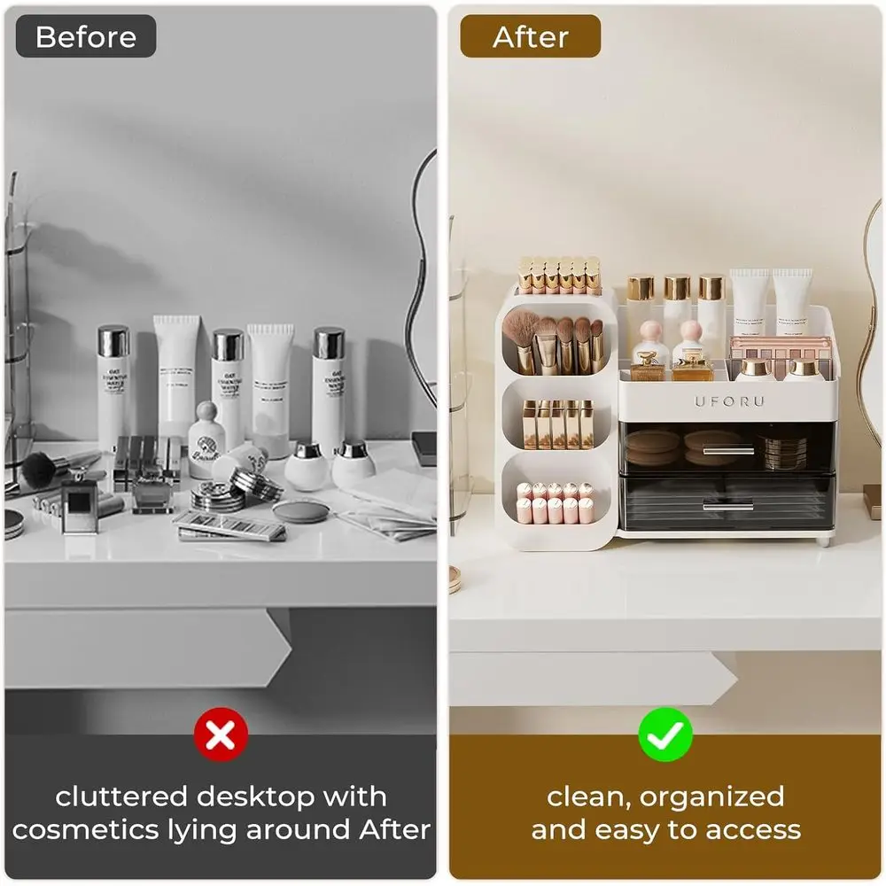 Makeup Organizer Countertop Vanity Bathroom | Large Capacity, Thickened Plastic, 2 Clear Drawers, Compact Size, Detachable Brush view 2
