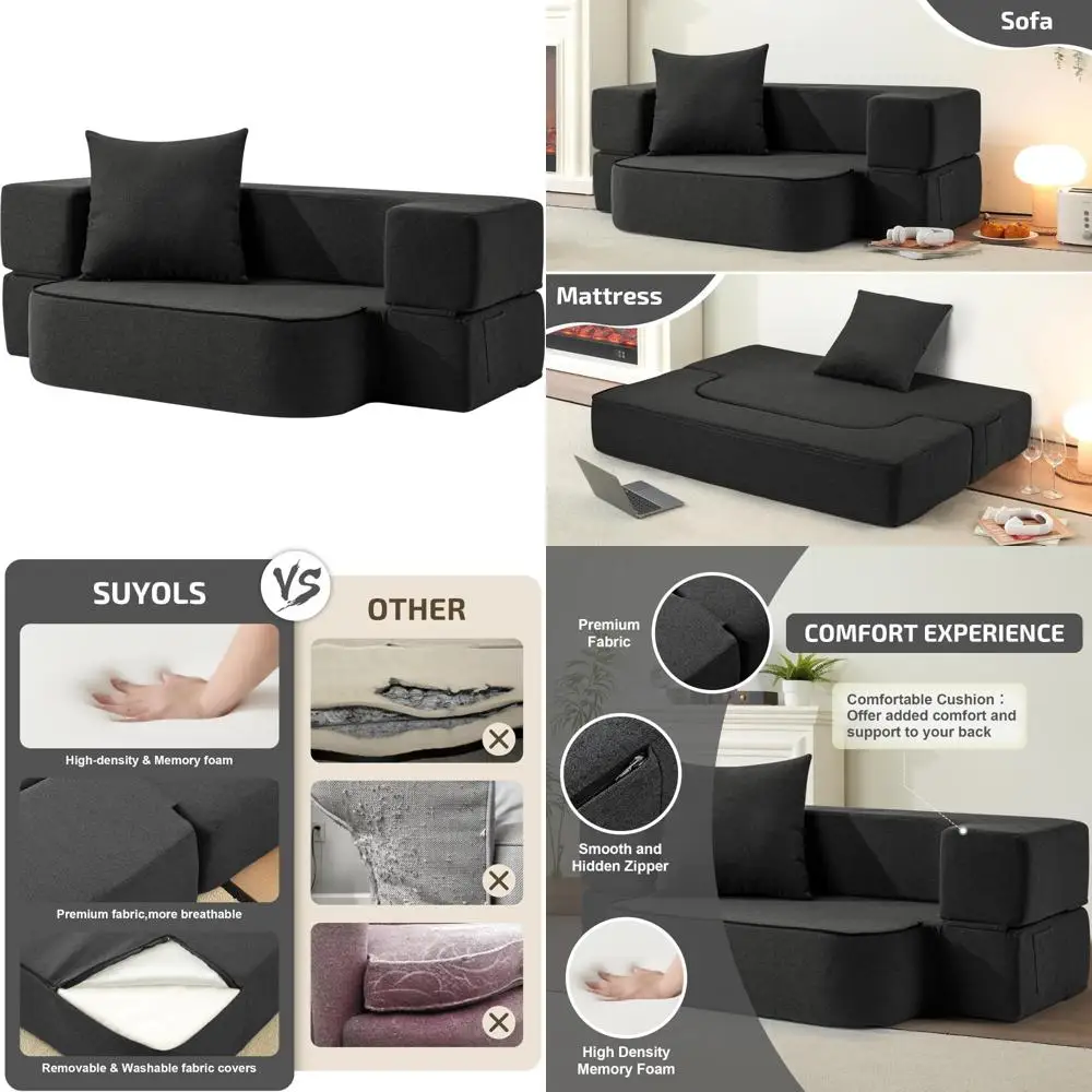 

Convertible Sofa Bed with Pillow - Folding Couch and Sleeper Chair - Washable Cover and Memory Foam Mattress