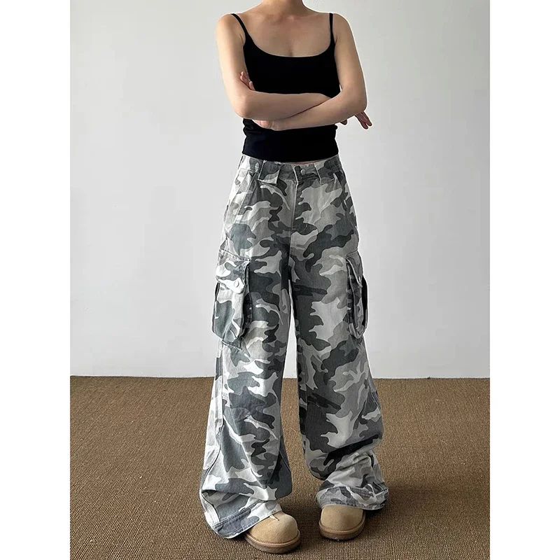 

Women American Retro 2000s High Waist Camouflage Jeans Baggy Y2K Wide Leg Denim Trousers Streetwear Big Pockets Pants