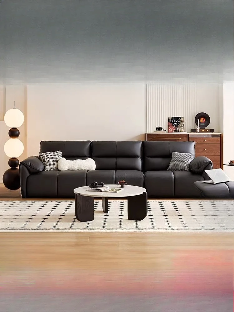 

Wood leather sofa living room piano keys 2025 new black big black cow furniture