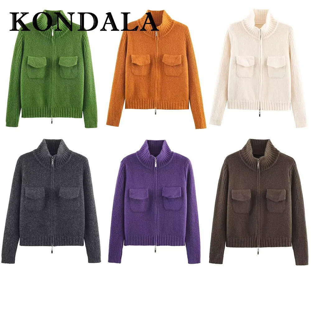

KONDALA Vintage Green Zipper Women Pocket Winter Casual Cardigan Chic Fashion 2025 Sweater Warm Fall Streetwear Knit Outwear