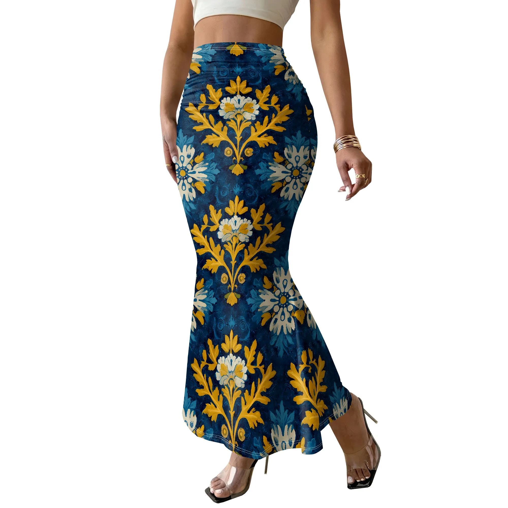 Floral Print Mermaid Skirt, Vintage Damask Pattern Maxi Skirt, High Waist Bodycon Skirt, Boho Beach Party Wear for Women, S-2XL