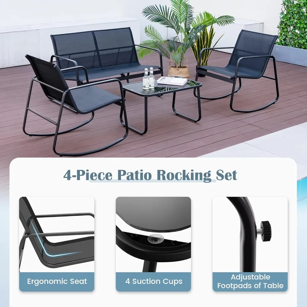 8 Piece Patio Swing Set, 2 Rocking Chairs & Two-Seat Sofa, Table with Glass Top, Patio Furniture Set, Outdoor Rocking Chair