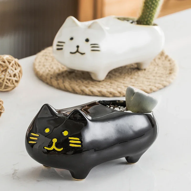 Cute Cat Flower Pot, Cartoon Animal Ceramics Vase, Creative Cactus Succulents Plant Poted Desktop, Home Decoration Accessories