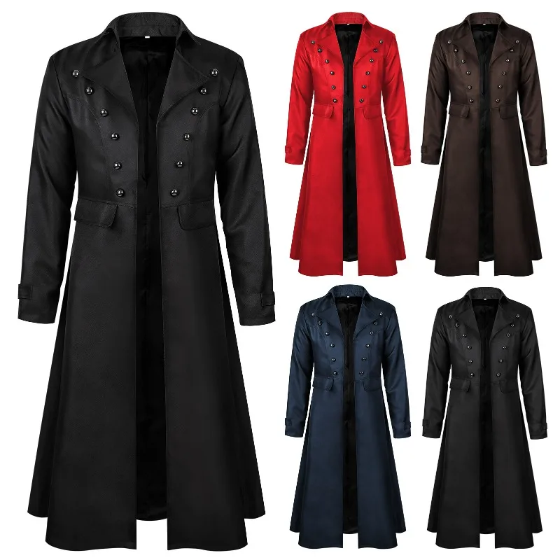 KIDWHXR Men Suit Ovecoat Steam Punk Vintage Turn Down Collar Male Long Jacket Simple Solid Stage Costume Dress Up Man Outerwear