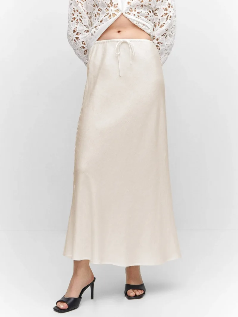 2026 Spring Summer Solid Color Satin Long Skirt For Women High Waist Lace-Up Fashion Elegant Faldas Light Luxury Women's Skirt