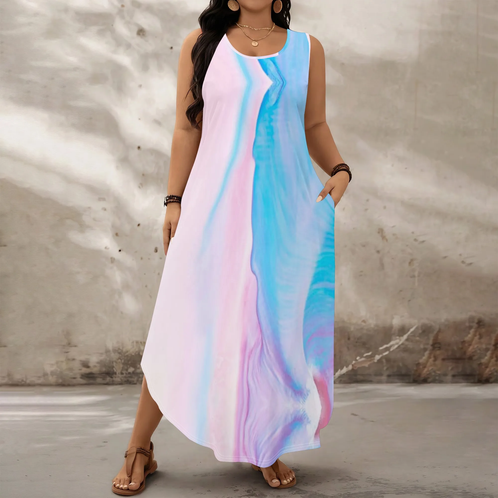 

Blue Pink Gradient Print Dress S‑3XL Sleeveless Loose Fit Maxi Style for Beach Vacation, Summer Party or Resort Brunch Look