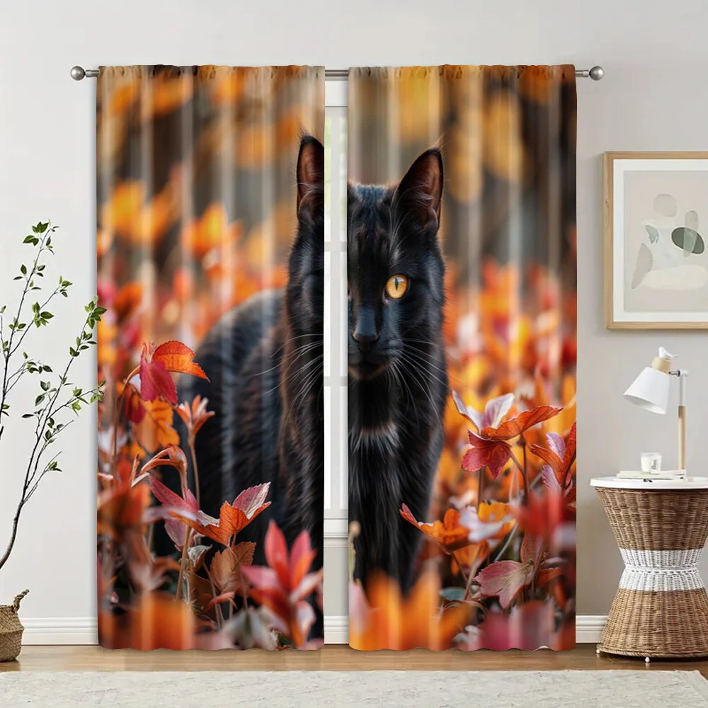 

2 pcs, filtering curtains (excluding rods, non-movable, without batteries) Black Cat in Autumn Leaves for use in bedrooms and