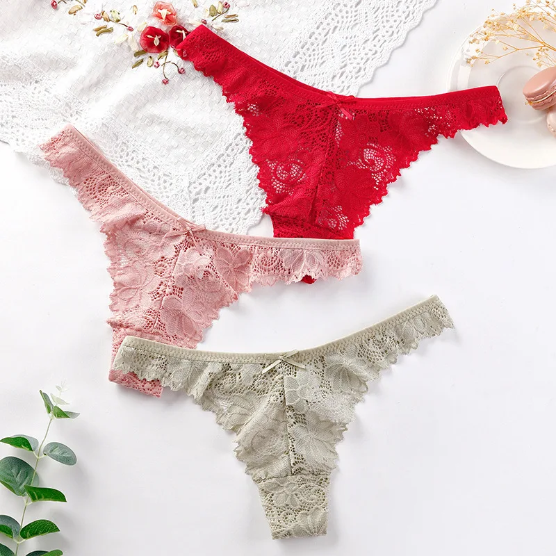 Panties Women Sexy Lace Thong Hollow-out Transparent Briefs Cotton Crotch G-string Set Underwear Lingerie 3 Pcs/lot Dropshipping