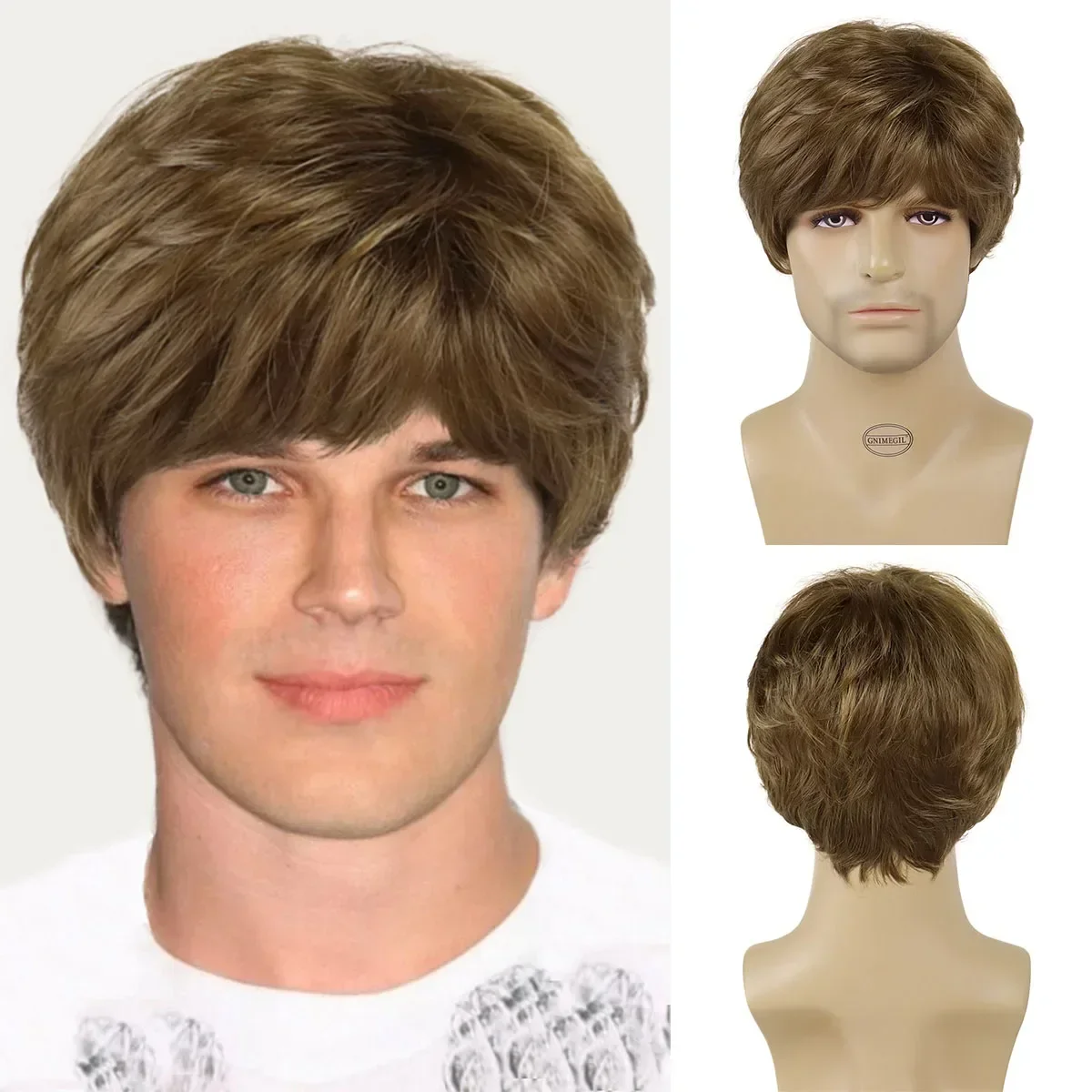 GNIMEGIL Synthetic Fashion Korean Hairstyle Young Men Boys Wig Short Straight Brown Wig with Bangs Natural Soft Cosplay Party