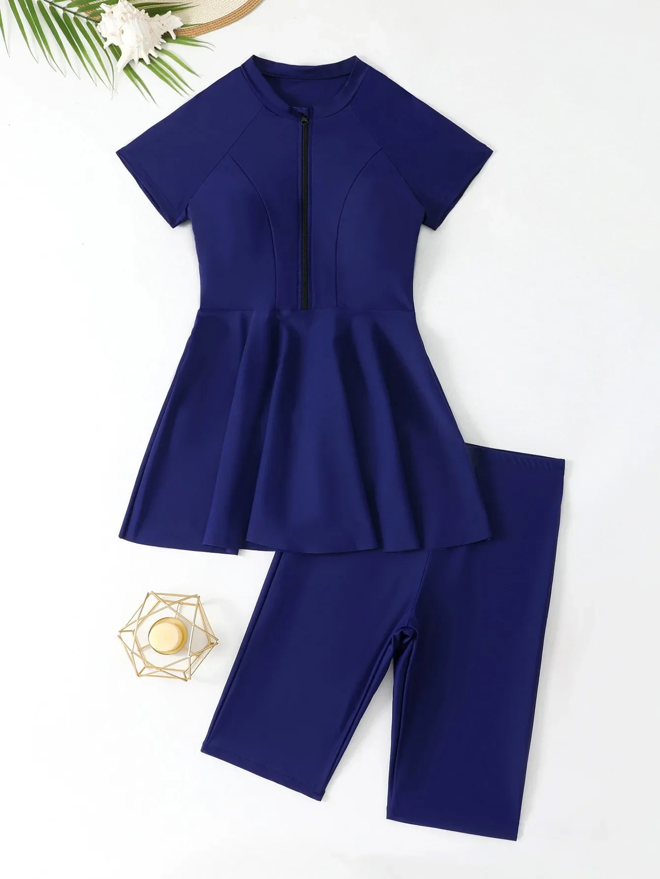 2025 Black Tankini Set Women Short Sleeve Swimwear Zipper Sexy Knee Length Swimsuit Biquini Boxer Shorts High Waist Bathing Suit