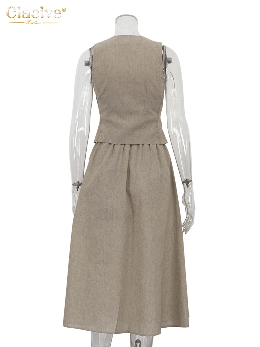 Clacive Summer Loose Khaki Cotton 3 Piece Set Woman Outfit Fashion Sleeveless Tank Top + Crop Top With High Waist Long Skirt Set