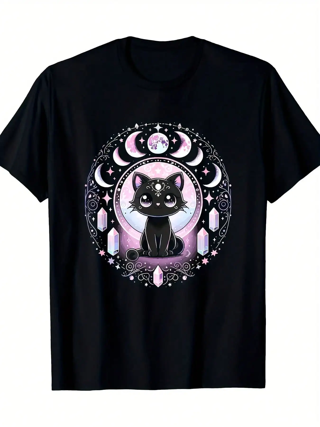 

Футболка Moon Phases Crystal Witchy Cute Black Cat Kawaii Pastel Goth, повседневная футболка с круглым вырезом, стандартный крой, всесезонная