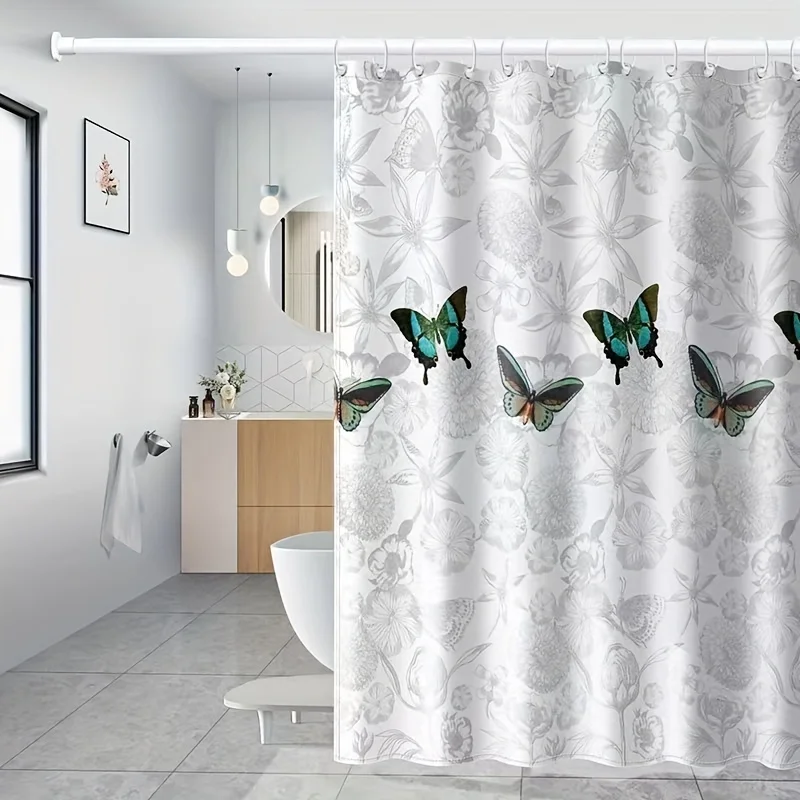 Grey Line Floral Butterfly Shower Curtain, White Base Teal Wing Insect Print Waterproof Bath Curtain for Fresh Minimal Bathroom