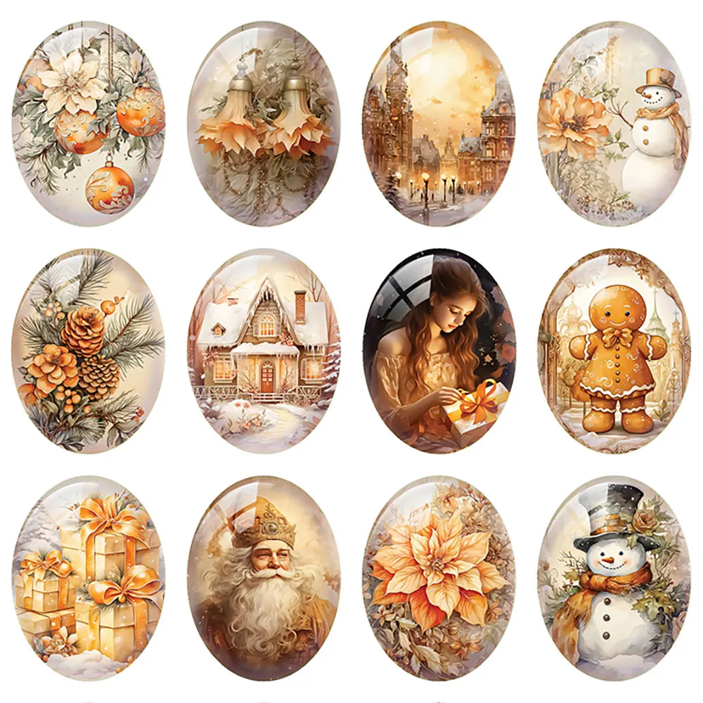 

10pcs/lot Christmas X-mas Winter Santa Snowman Deer Tree Oval Photo Glass Cabochon Flatback Demo Cameo For Diy Jewelry Making