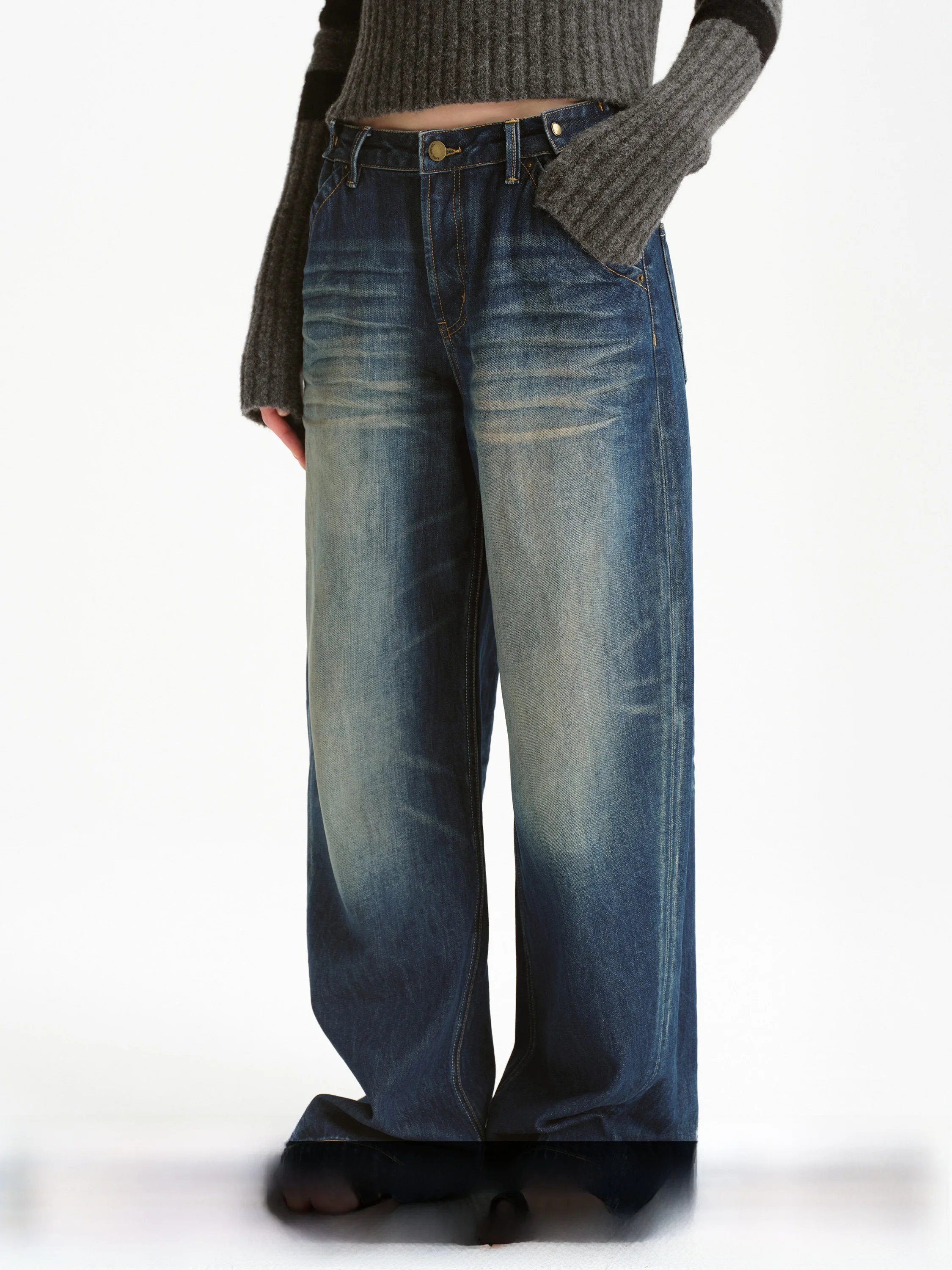 

SMIIILE винтажные джинсы ручной работы с синей талией и широкими штанинами, прямые джинсы, женские осенне-зимние свободные повседневные джинсовые джинсы с низкой талией