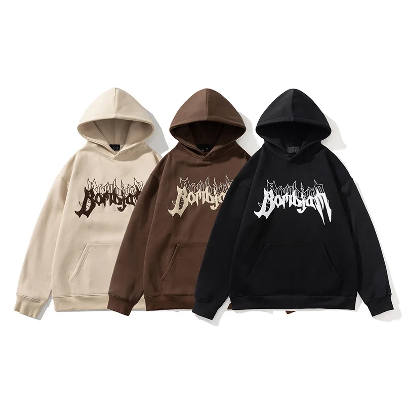 American Heavyweight Fleece Hooded Sweatshirt Men's Autumn Winter New Loose Chest Letter Couple Pullover Hoodies Black Oversized