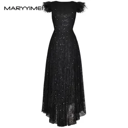 MARYYIMEI Fashion Designer Summer Women's Dress O-Neck Feathers Sequins FashionHigh Street Big Swing Dress