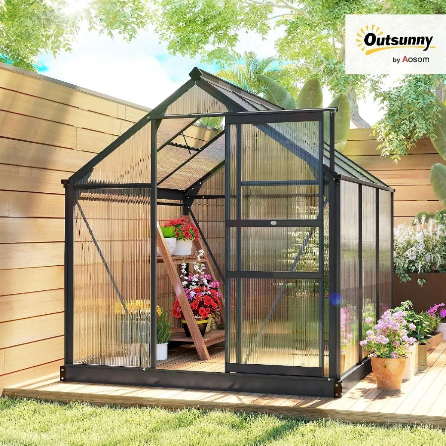 Outdoors polycarbonate greenhouse, green, 6' x 6', with rain gutter and roof vent, aluminum walk-in structure for patio, backya
