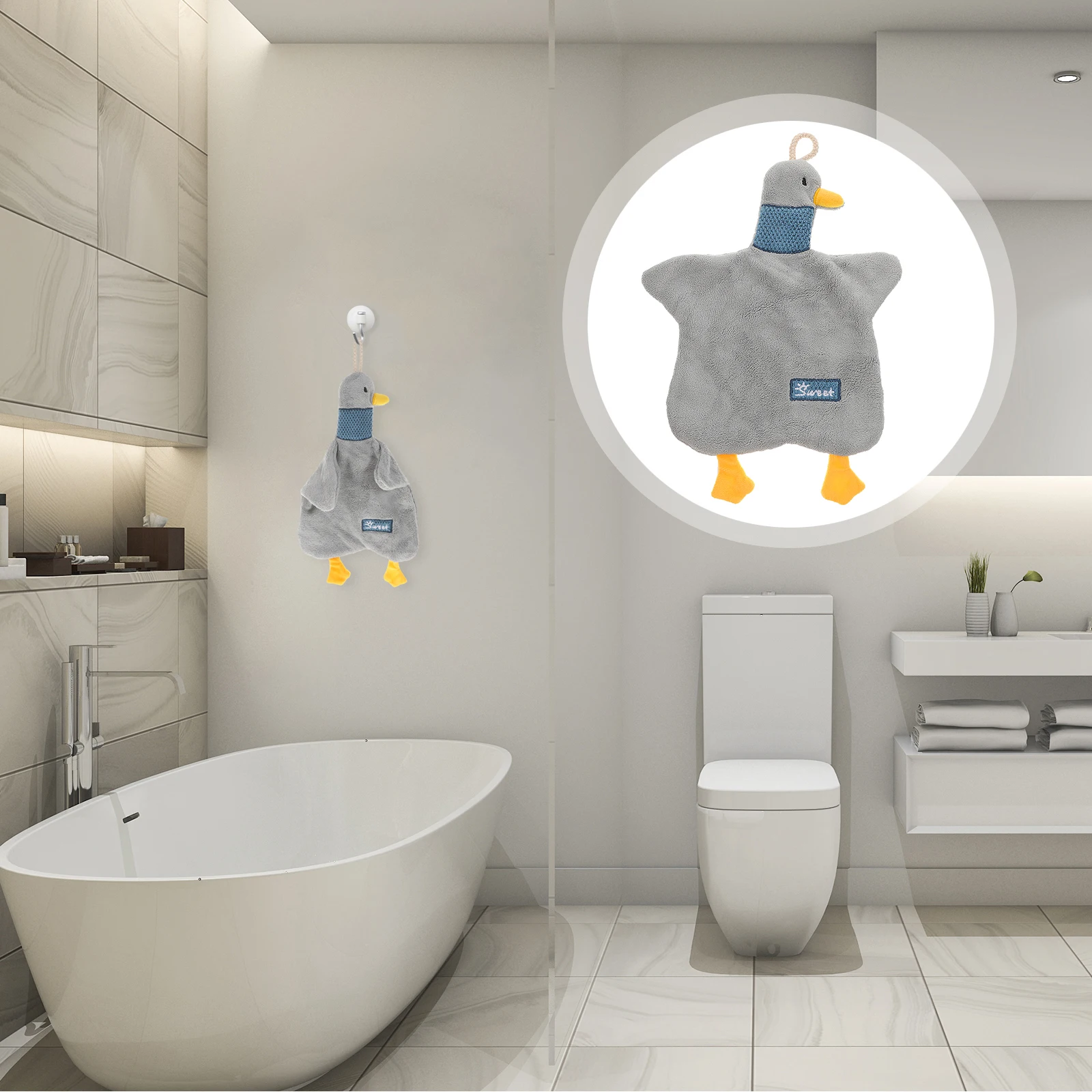 منشفة يد على شكل بطة كرتونية ماصة من الصوف المرجاني للحمام والمطبخ معلقة على شكل حلقة منشفة يد مزخرفة للحمام #1