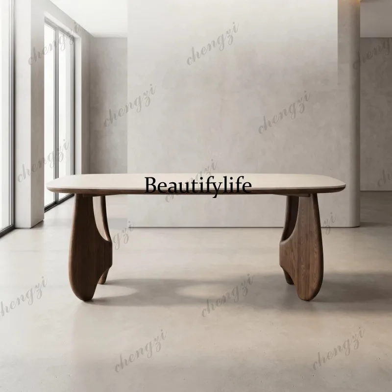 Modern simplicity, solid wood dining table, wabi-sabi art sculpture legs, matte rock slab, premium dining table