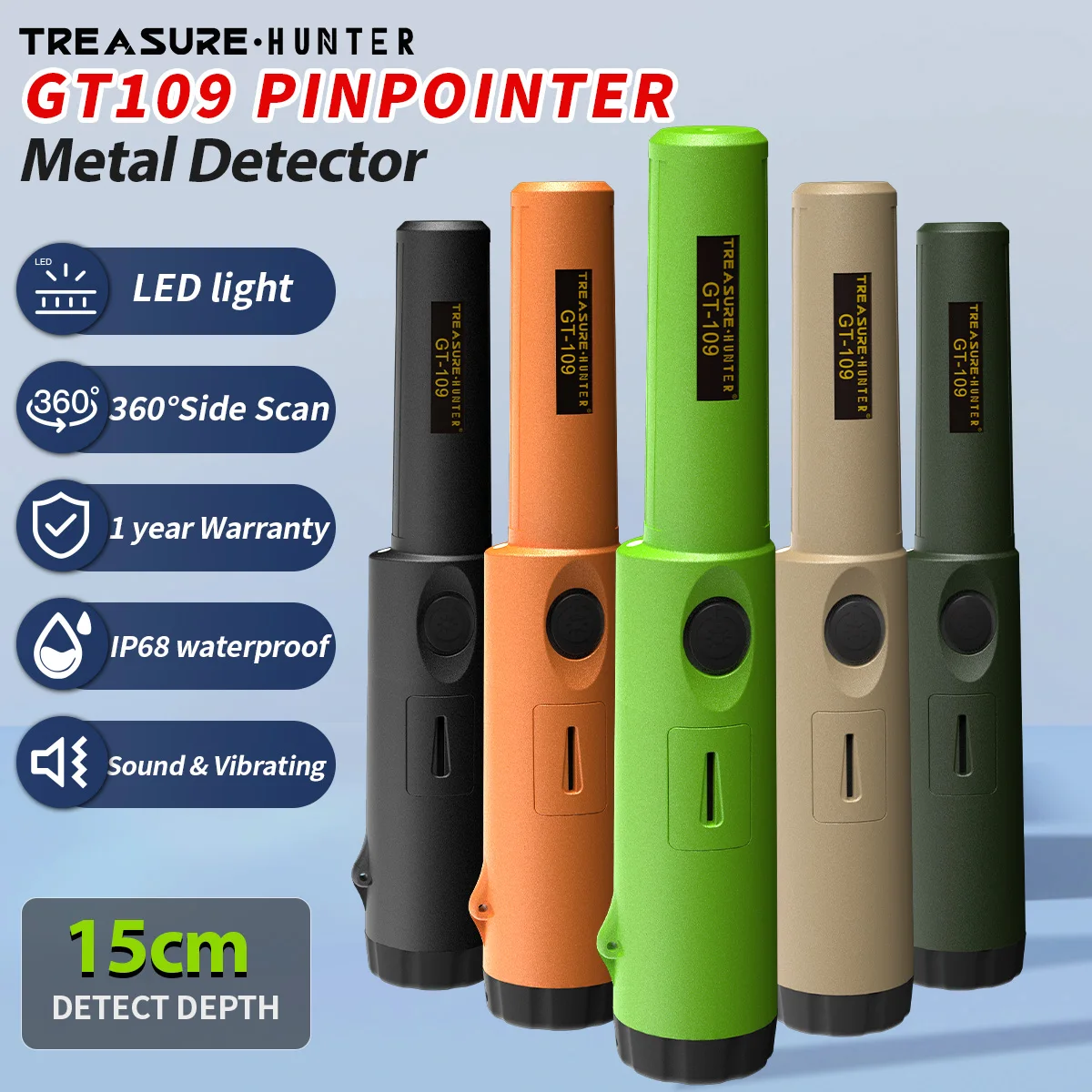 Treasure Hunter GT109 Handmetalldetektor, Positionierungsstab mit integrierter Skala, Metallortung, IP68 wasserdichter Pinpointer