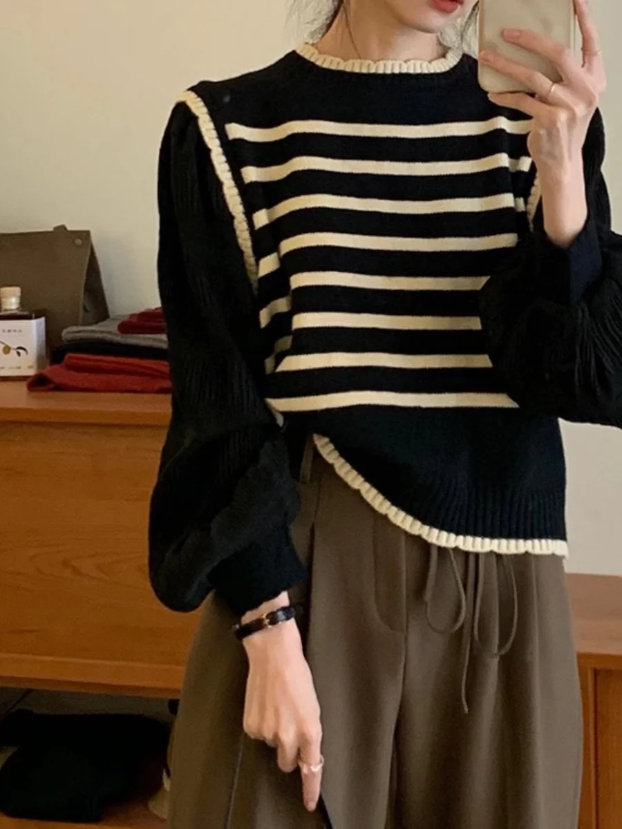 Comfortable Versatile Striped Knitwear Jaet Heavyweight Small Fraance Sle Single Button V-Ne Commute Wind for Young W...