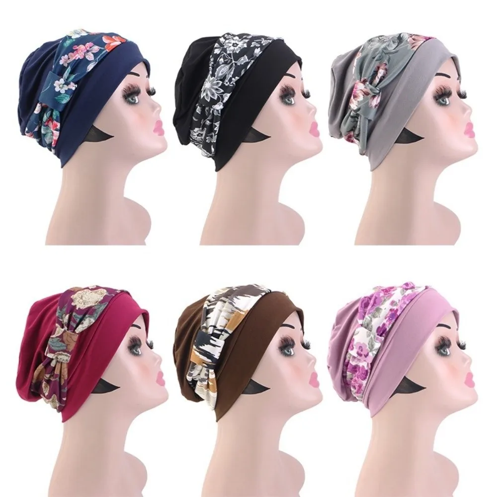 Soft Elastic Pre-Tied Turban Hat Solid Base Floral Print Head Wrap Beanie Pre-Tied Bow Stretchy Fabric Hair Loss Head Cover