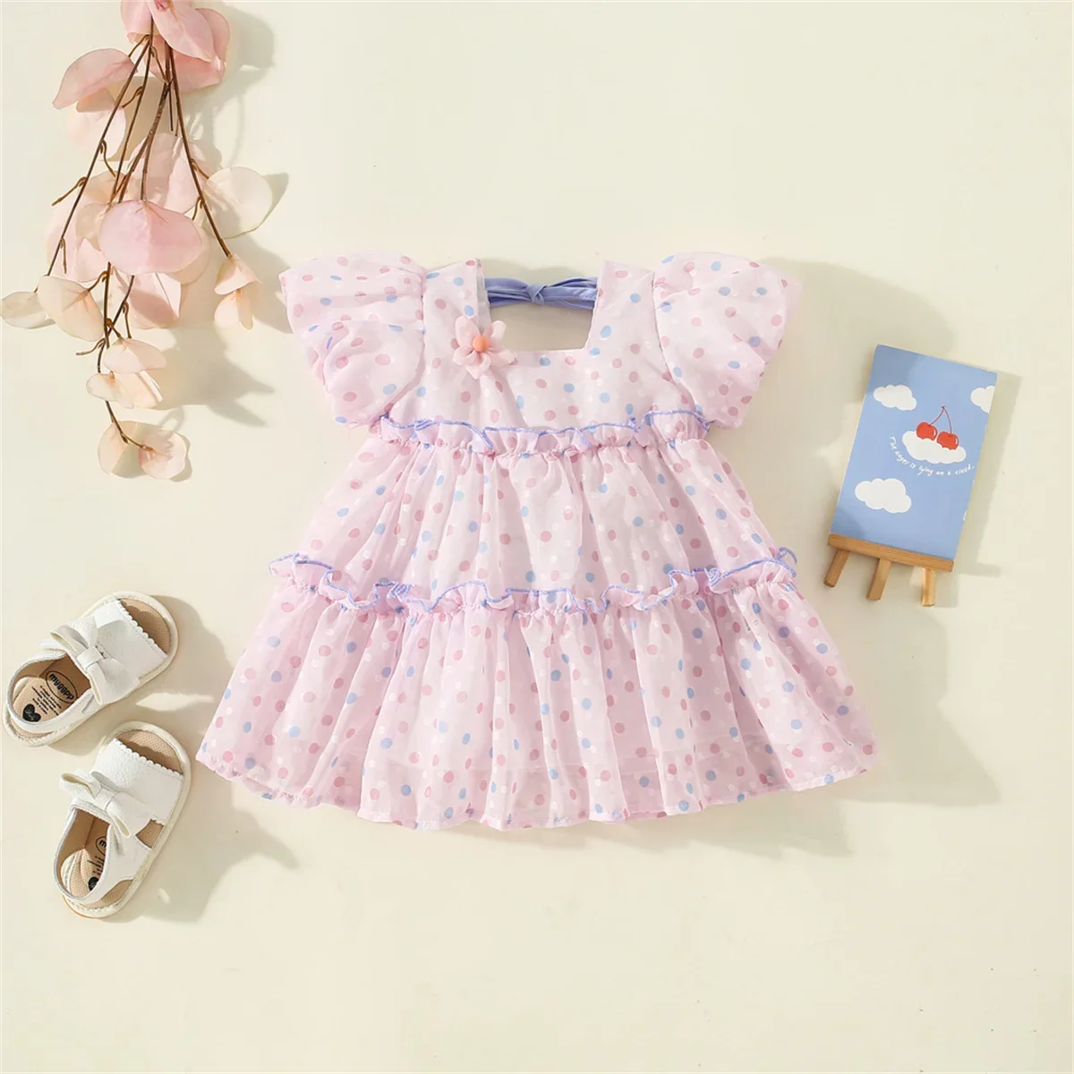 Summer New Baby Girls Round Neck Bubble Sleeve Layer Lace Pleated Polka Dot Ribbon Bow Casual Sweet Princess Dress