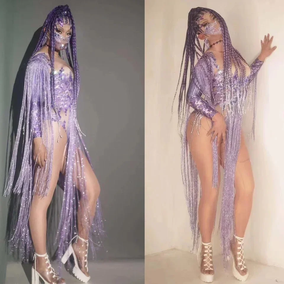 Singer Bar Nightclub Stage Performance Clothing Women Summer Sexy Long Sleeve Purple Sequin Tassels High Elastic Jumpsuit