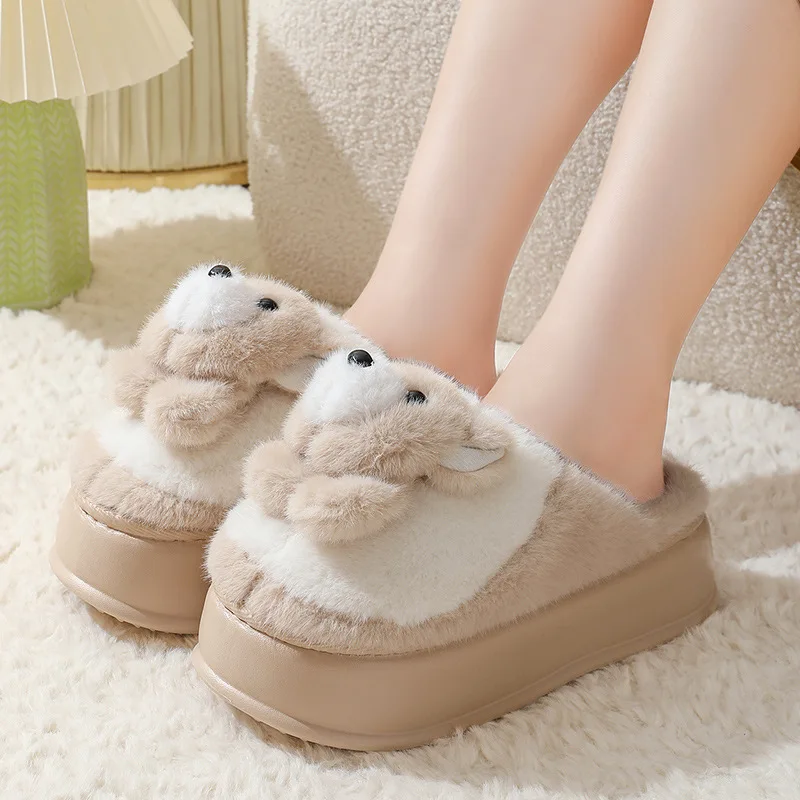 New winter bear slipper women's thick furry slides ladies soft home fluffy shoes animal deco house slipper woman platform shoe